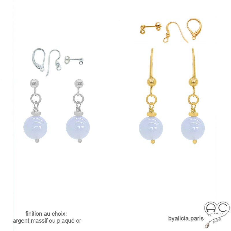 Boucles d'oreilles calcédoine bleue, courtes, pendantes, fait main, création by Alicia Boucles d'oreilles calcédoine bleue, courtes, pendantes, fait main, création by Alicia