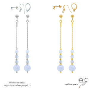 boucles d'oreilles longues femme en plaqué or ou argent et pierre naturelle calcédoine bleue fait à la main sur mesure en France