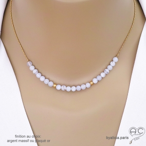 collier bleu claire femme pierre naturelle calcédoine bleue sur une chaîne en plaqué or ou argent, fait main sur mesure