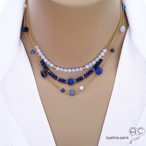 collier ras du cou choker bleu créateur en pierres semi-précieuses calcédoine bleue réalisés à la main en France