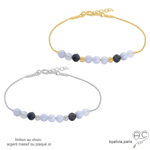 pierres naturelles calcédoine bleue iolite bracelet bleu fin femme en plaqué or ou argent fait sur mesure à la main en France