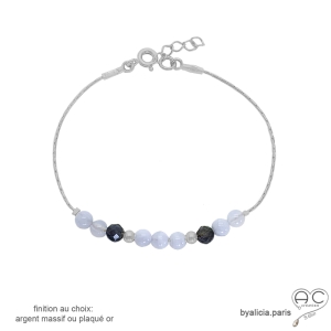 bracelet bleu femme en pierres semi-précieuses calcédoine bleue, iolite et argent fabriqué à la main en France