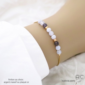 Bracelet calcédoine bleue et iolite sur une chaîne fine en plaqué or ou en argent, fait main, création by Alicia
