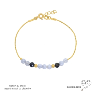 bracelet bleu femme en pierres semi-précieuses calcédoine bleue, iolite et plaqué or fabriqué à la main en France