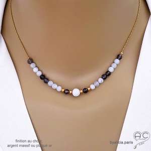 collier bleu femme pierres naturelles calcédoine bleue et iolite sur une chaîne en plaqué or ou argent, fait main sur mesure