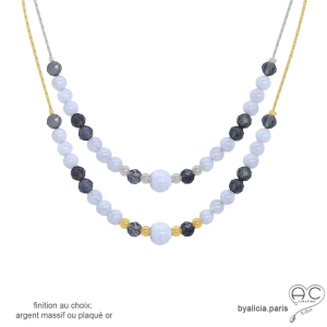 Collier ras de cou calcédoine bleue et iolite sur une chaîne en plaqué or ou en argent, fait main, création by Alicia