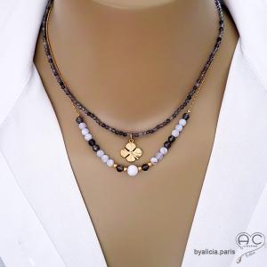 collier ras du cou choker bleu créateur en pierres semi-précieuses calcédoine bleue et iolite réalisés à la main en France