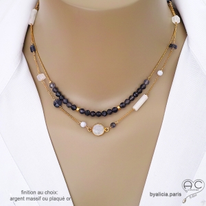 collier ras du cou choker bleu créateur en pierre semi-précieuse saphir d'eau iolite réalisés à la main en France