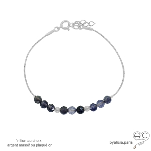 bracelet femme en pierre semi-précieuse bleue, saphir d'eau iolite et argent fabriqué à la main en France