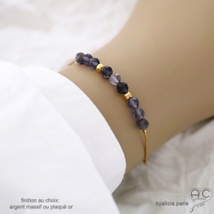 Bracelet iolite (saphir d'eau) sur une chaîne fine en plaqué or ou en argent, fait main, création by Alicia