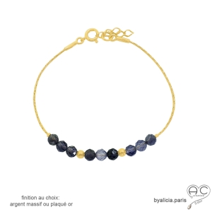 bracelet femme en pierre semi-précieuse bleue, saphir d'eau iolite et plaqué or fabriqué à la main en France