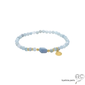 bracelet femme pierre semi-précieuse aigue-marine sur élastique réalisé à la main