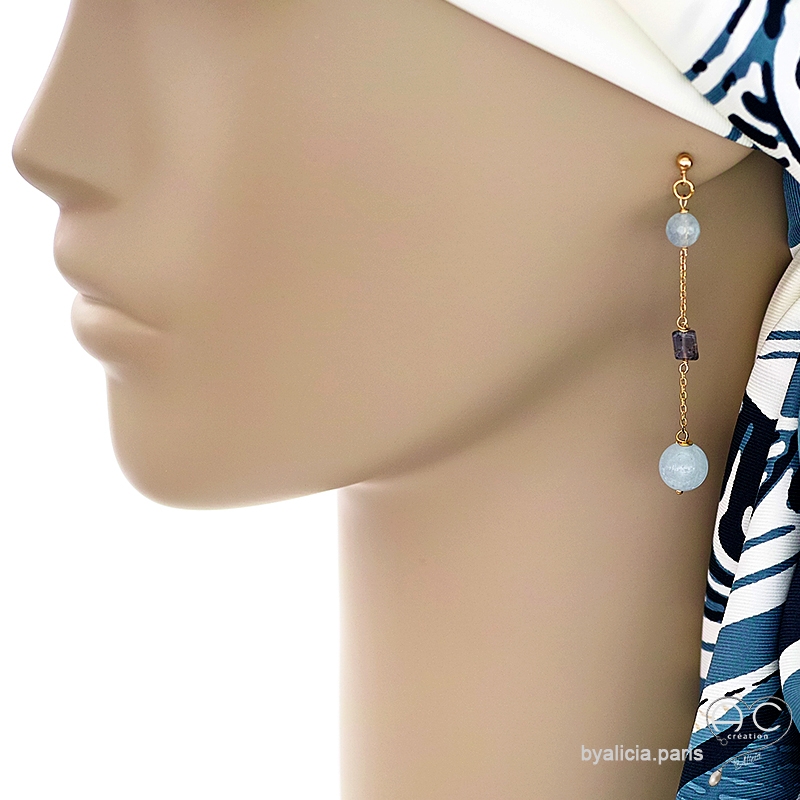 boucles d'oreilles bleues femme en pierres naturelles aigue marine, iolite et plaqué or réalisées à la main boucles d'oreilles bleues femme en pierres naturelles aigue marine, iolite et plaqué or réalisées à la main