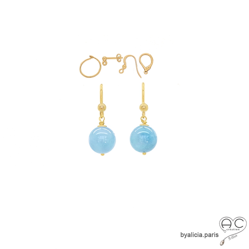 Boucles d'oreilles avec aigue marine et plaqué or 3MIC, pierre naturelle bleue, pendantes courtes, création by Alicia Boucles d'oreilles avec aigue marine et plaqué or 3MIC, pierre naturelle bleue, pendantes courtes, création by Alicia