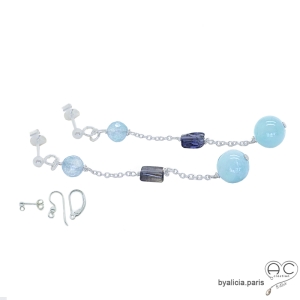 bounces d'oreilles longues femme en aigue marine et saphir d'eau fait main sur mesure