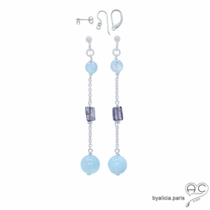 Boucles d'oreilles aigue marine et saphir d'eau en argent massif, pierre naturelle bleue, longues, pendantes, création by Alicia