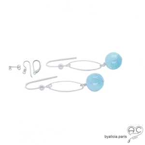 boucles d'oreilles en argent et pierre semi-précieuse aigue marine réalisées à la main en France