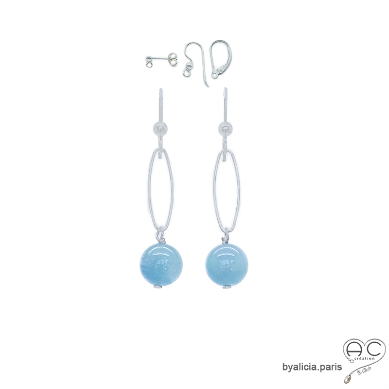Boucles d'oreilles bleues femme avec aigue marine et argent massif, pierre naturelle bleue, pendantes, création by Alicia Boucles d'oreilles bleues femme avec aigue marine et argent massif, pierre naturelle bleue, pendantes, création by Alicia