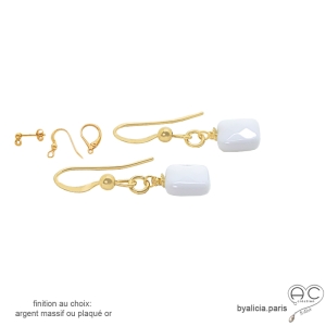 boucles d'oreilles blanches femme en pierre agate et plaqué or ou argent réalisées à la main