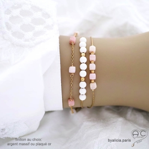 pierre naturelle agate blanche bracelet blanc fin femme en plaqué or ou argent fait sur mesure à la main en France