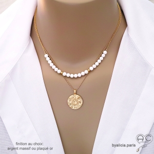 collier femme en pierre naturelle agate blanche sur une chaîne en plaqué or ou argent, fait main sur mesure en France
