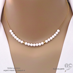 Ras de cou blanc femme en agate blanche sur une chaîne en plaqué or ou en argent, fait main, création by Alicia