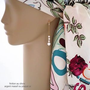 boucles d'oreilles longues femme en plaqué or ou argent et pierre naturelle agate blanche fait à la main sur mesure en France
