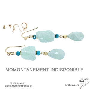 Boucles d'oreilles aigue-marine brute et goutte, fait main, création by Alicia
