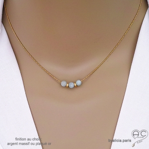 collier choker bleu clair femme pierre aigue-marine  sur une chaîne en plaqué or ou en argent, réalisé à la main en France