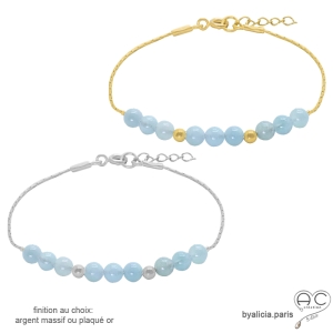 pierre naturelle aigue-marine bracelet bleu clair fin femme en plaqué or ou argent fait sur mesure à la main en France