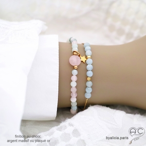 bracelets créateur pour femme en pierres semi-précieuses aigue-marine et plaqué or réalisé sur mesure en France