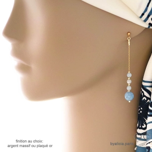 Boucles d'oreilles bleues pierre aigue-marine, fines, longues, fait main, création by Alicia