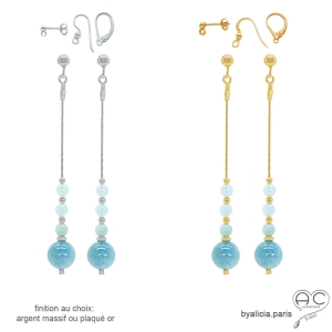 boucles d'oreilles en pierre semi-précieuse aigue-marine et plaqué or ou argent réalisées à la main