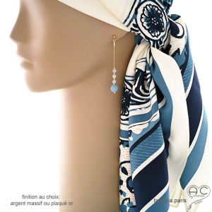 boucles d'oreilles longues femme en plaqué or ou argent et pierre naturelle aigue-marine fait à la main sur mesure en France