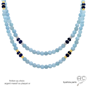 Collier aigue-marine et sodalite, ras de cou plaqué or ou argent et pierres naturelles bleues fait main en France