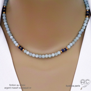 Collier bleu femme en aigue-marine et sodalite, ras de cou pierres bleues, fait main, création by Alicia