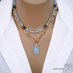 collier ras de cou créateur en pierre semi-précieuse aigue-marine réalisé à la main en France