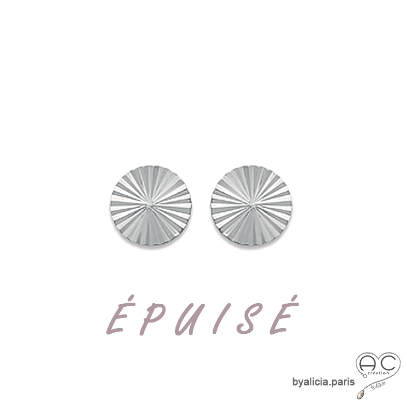 Boucles d'oreilles NOELY puce soleil, ronde en argent massif 925 rhodié, clous, femme