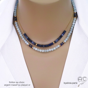 collier choker femme en pierre naturelle sodalite sur une chaîne en plaqué or ou argent, fait main sur mesure en France