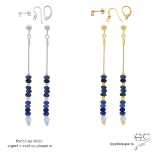 boucles d'oreilles en pierres semi-précieuses sodalite, aigue-marine, plaqué or ou argent, réalisées à la main