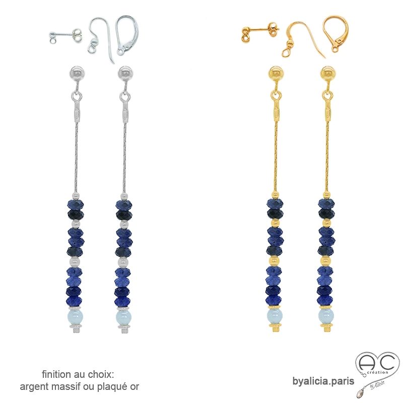 boucles d'oreilles en pierres semi-précieuses sodalite, aigue-marine, plaqué or ou argent, réalisées à la main boucles d'oreilles en pierres semi-précieuses sodalite, aigue-marine, plaqué or ou argent, réalisées à la main
