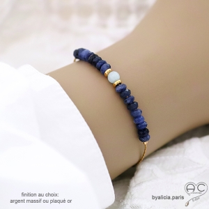 Bracelet sodalite et aigue-marine sur une chaîne fine en plaqué or ou en argent, fait main, création by Alicia