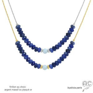 Collier ras de cou sodalite et aigue-marine sur une chaîne en plaqué or ou en argent, fait main, création by Alicia