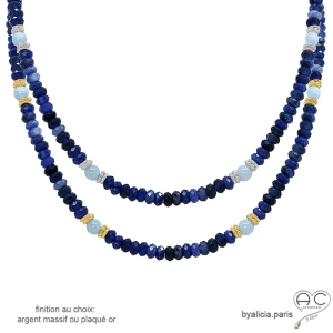Collier sodalite et aigue-marine, ras de cou plaqué or ou argent et pierres naturelles bleues fait main en France