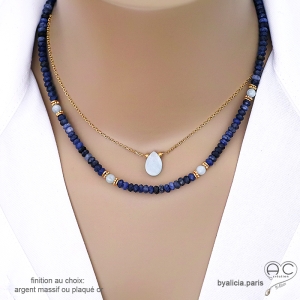 ras du cou choker bleu femme en sodalite et aigue-marine pierres naturelles bleues plaqué or ou argent