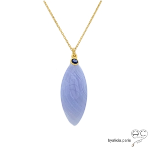 Collier pendentif calcédoine bleue et saphir, plaqué or, fait main, bohème chic