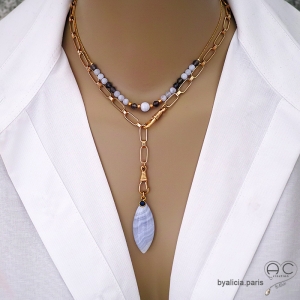 collier ras de cou pendentif bleu femme en pierres naturelles bleues calcédoine bleue
