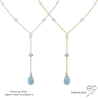 Collier cravate pierre aigue-marine, goutte sur une chaîne fine plaqué or ou argent, réalisé à la main en France
