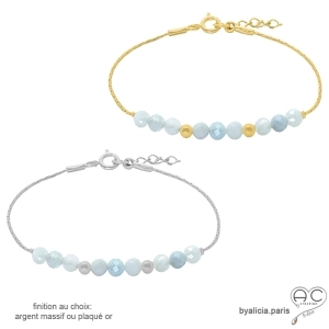 pierre semi-précieuse aigue-marine bracelet bleu ciel fin femme en plaqué or ou argent fait sur mesure à la main en France