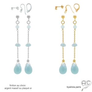 pierre aigue-marine boucles d'oreilles bleues claires femme en plaqué or ou argent fabriqué à la main en France